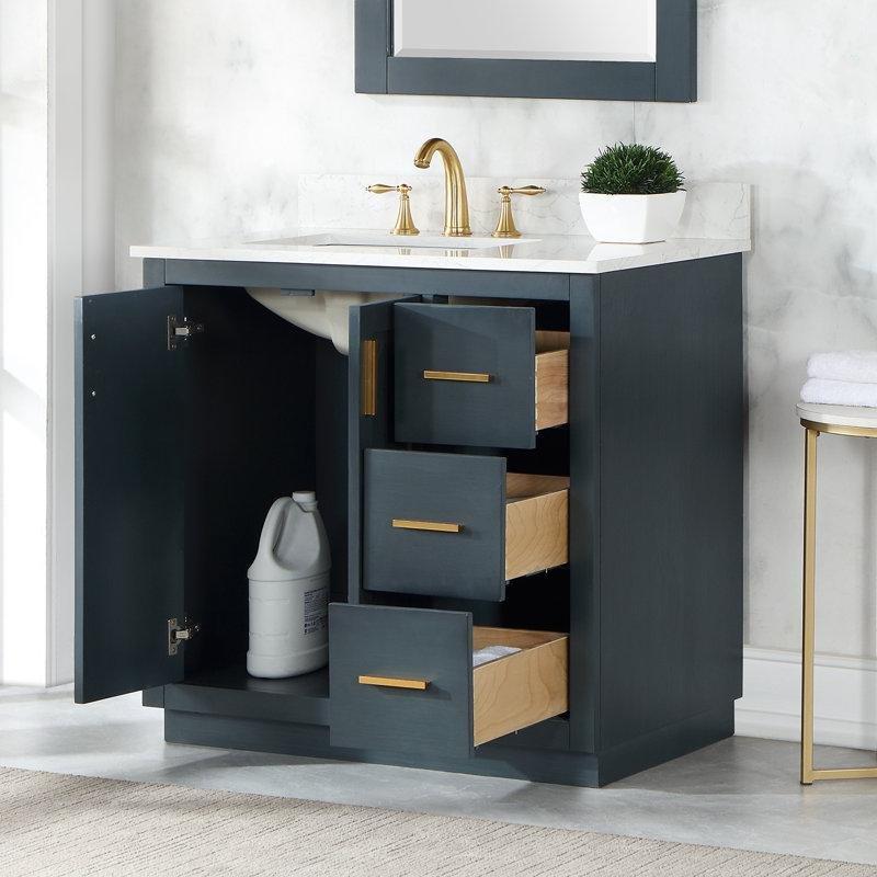 Kompoze Taş Tezgahlı Chevron Desenli Masif Ahşap Çekmeceli Ayaklı Banyo Lavabo Dolabı - 92 cm - 198426