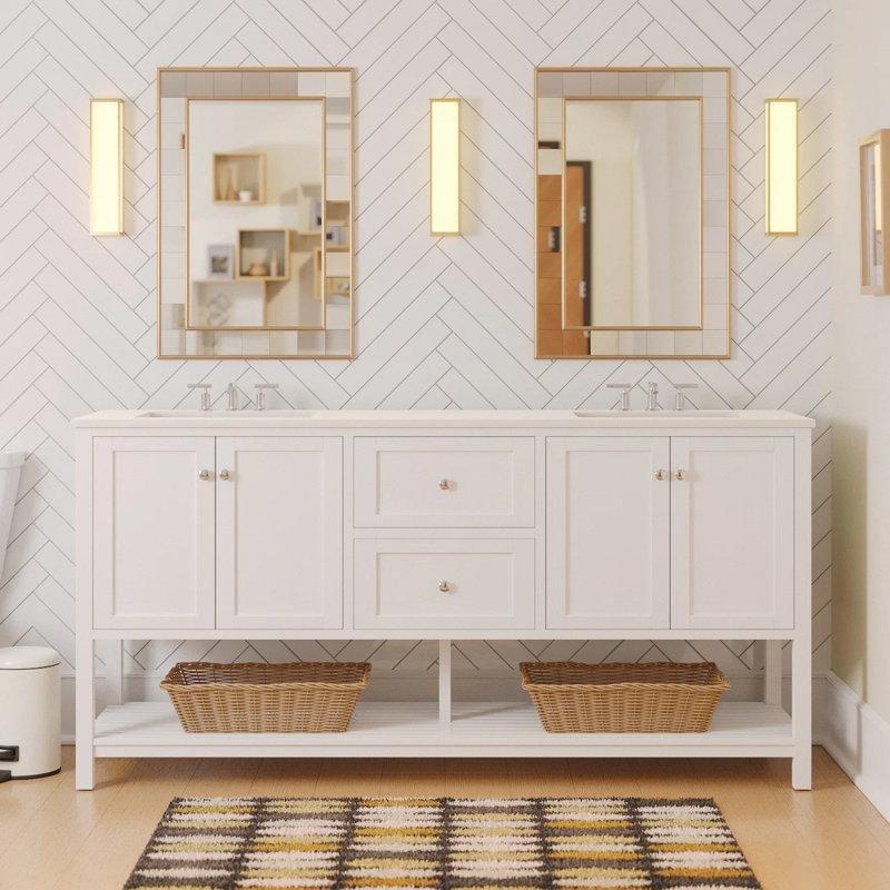 Kompoze Taş Tezgahlı Masif Çam Ahşap İkili Lavabolu ve Raflı Banyo Dolabı - 183 cm - 201285