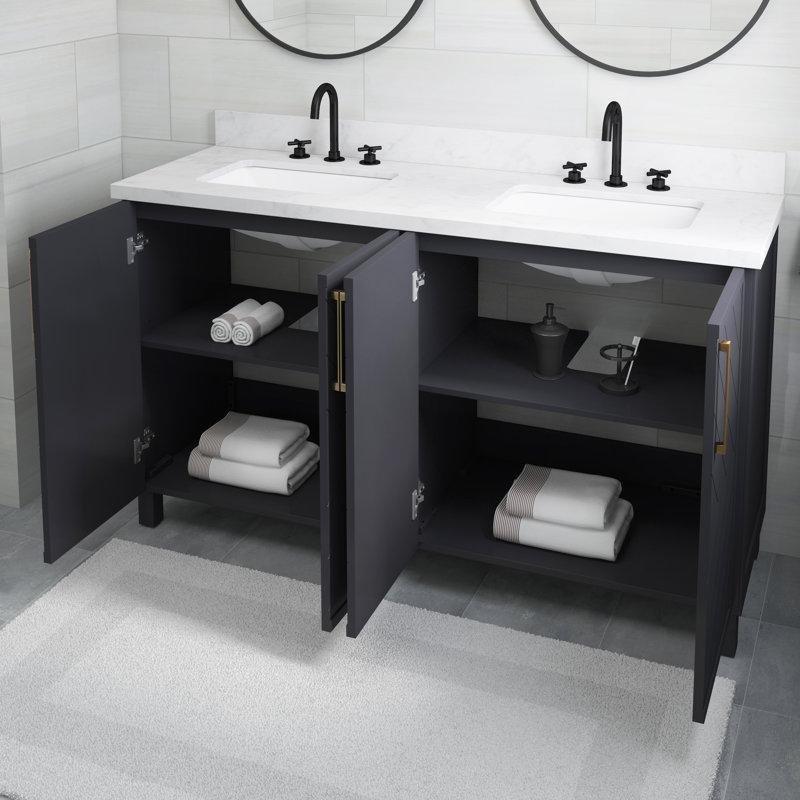 Kompozit Taş Tezgahlı Lacivert Masif Ahşap Çift Lavabolu Banyo Dolabı - 153 cm - 198559