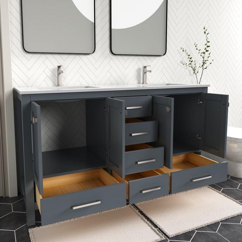 Kömür Grisi Masif Huş Ağacı Kuvars Tezgahlı Ayaklı İkili Lavabolu Banyo Dolabı - 153 cm - 198640