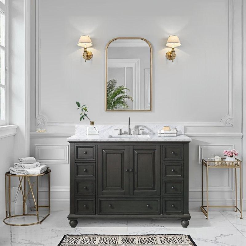 Kömür Grisi Masif Kavak Ağacı Carrara Mermer Tezgahlı Yavaş Kapanır Banyo Lavabo Dolabı - 125 cm - 199386