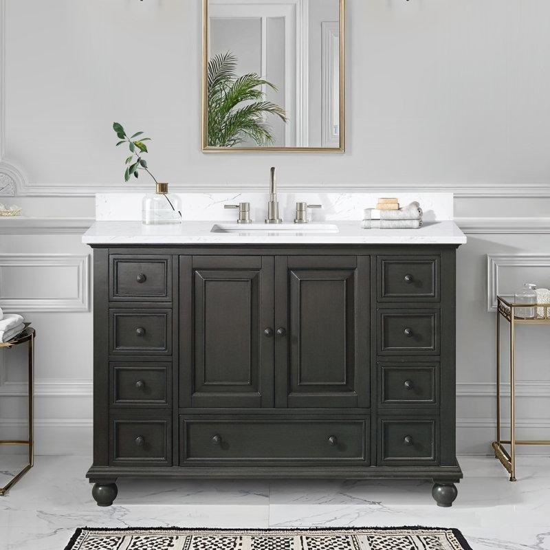 Kömür Grisi Masif Kavak Ağacı Carrara Mermer Tezgahlı Yavaş Kapanır Banyo Lavabo Dolabı - 125 cm - 199386