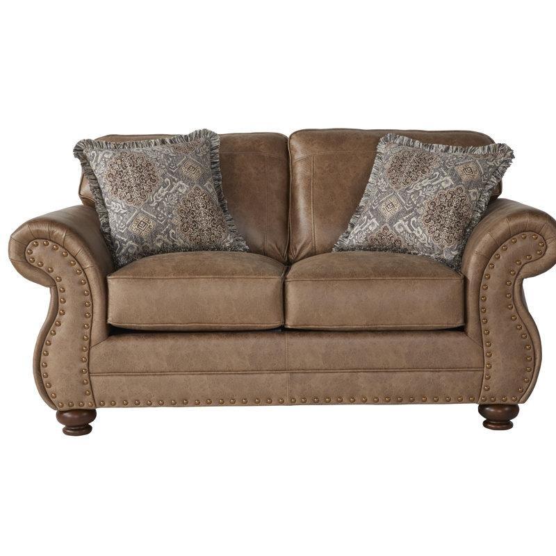 Konyak Rengi Suni Deri Zımba Detaylı Kıvrımlı Kollu İkili Koltuk - 176 cm - 195755