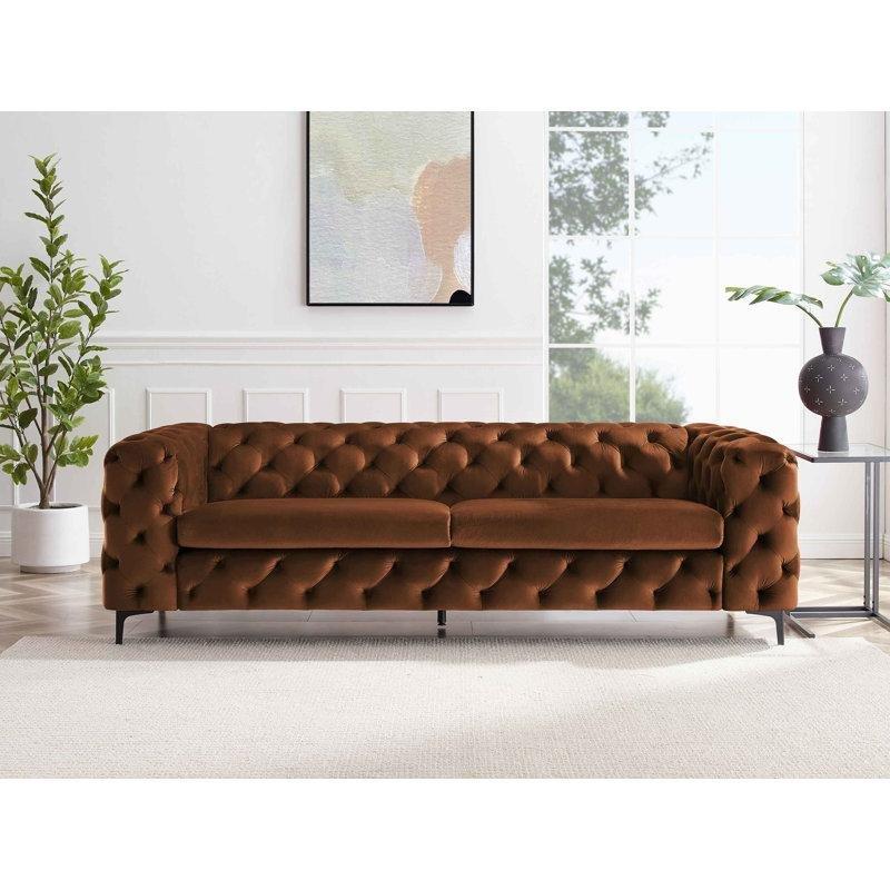 Köri Rengi Kadife Kare Kollu Kapitoneli Chester Tasarım Üçlü Koltuk - 237 cm - 194862