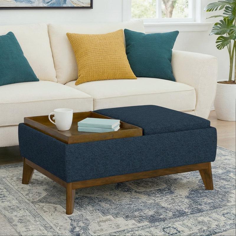 Kot Mavisi Polyester Kumaş Masif Ahşap Ayaklı Tepsili Sandıklı Puf - 97x70 cm - 165208