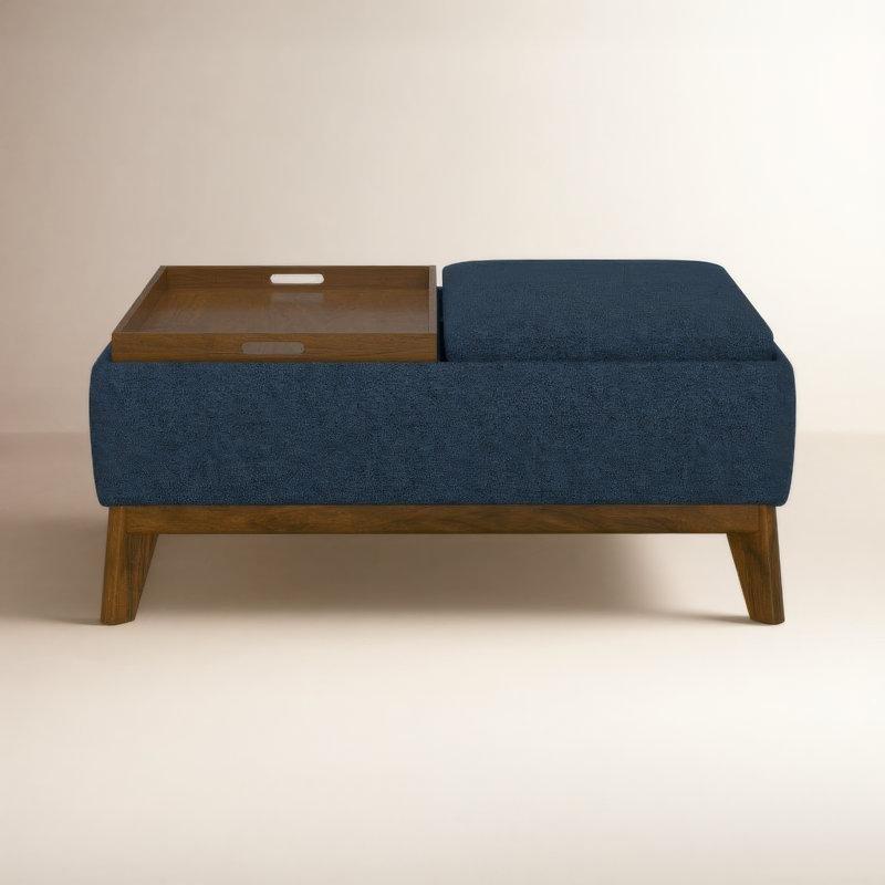 Kot Mavisi Polyester Kumaş Masif Ahşap Ayaklı Tepsili Sandıklı Puf - 97x70 cm - 165208