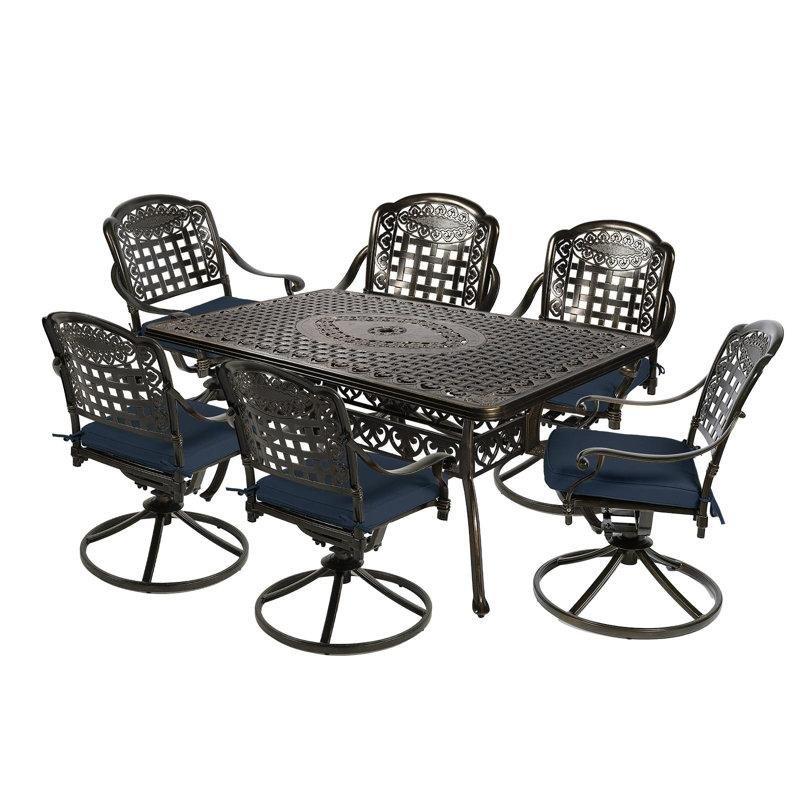 Koyu Bronz Döküm Alüminyum 6 Kişilik Döner Sandalyeli Şemsiye Delikli Bahçe Masa Takımı - 153x92 cm - 216096