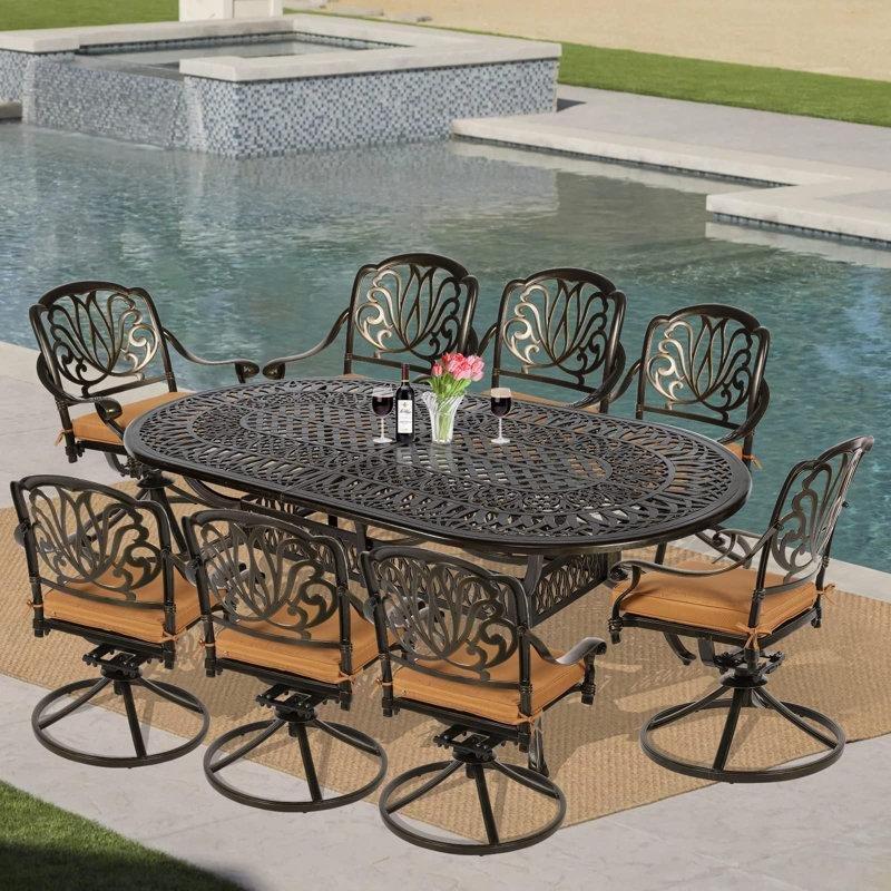 Koyu Bronz Döküm Alüminyum 8 Kişilik Döner Sandalyeli Minderli Oval Bahçe Masa Takımı - 214x112 cm - 214741