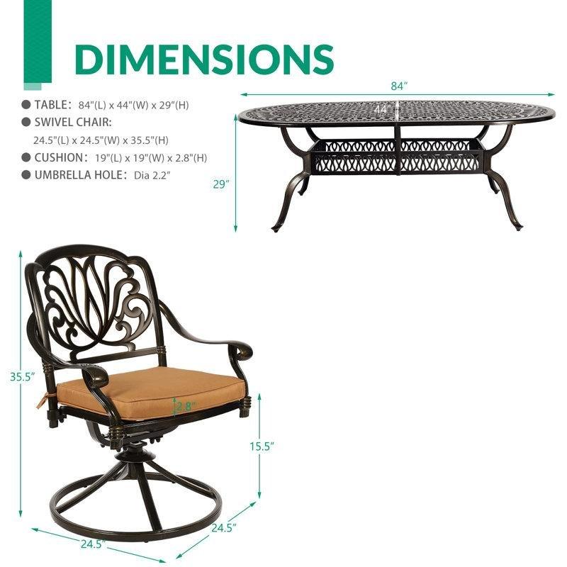 Koyu Bronz Döküm Alüminyum 8 Kişilik Döner Sandalyeli Minderli Oval Bahçe Masa Takımı - 214x112 cm - 214741
