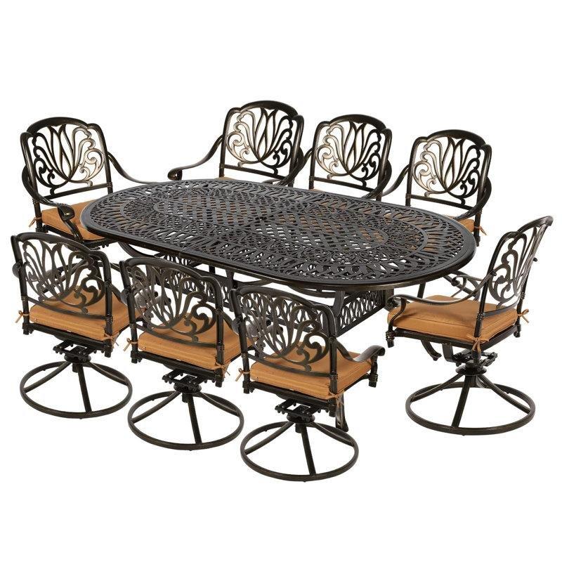 Koyu Bronz Döküm Alüminyum 8 Kişilik Döner Sandalyeli Minderli Oval Bahçe Masa Takımı - 214x112 cm - 214741