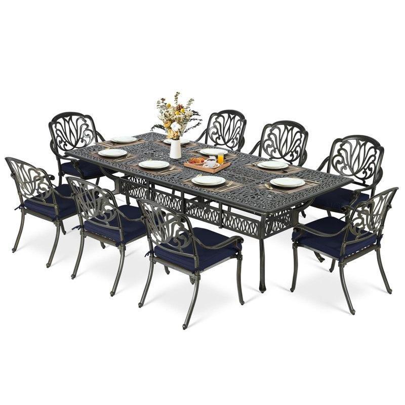 Koyu Bronz Döküm Alüminyum 8 Kişilik Şemsiye Delikli Bahçe Masa Takımı - 240x111 cm - 214043