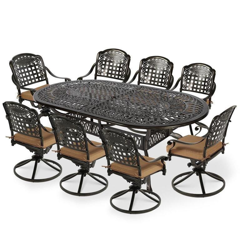 Koyu Bronz Döküm Alüminyum Döner Sandalyeli Şemsiye Delikli 8 Kişilik Bahçe Masa Takımı - 214x112 cm - 214654