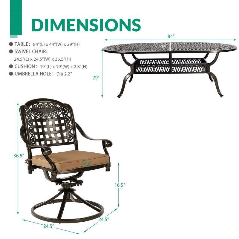 Koyu Bronz Döküm Alüminyum Döner Sandalyeli Şemsiye Delikli 8 Kişilik Bahçe Masa Takımı - 214x112 cm - 214654