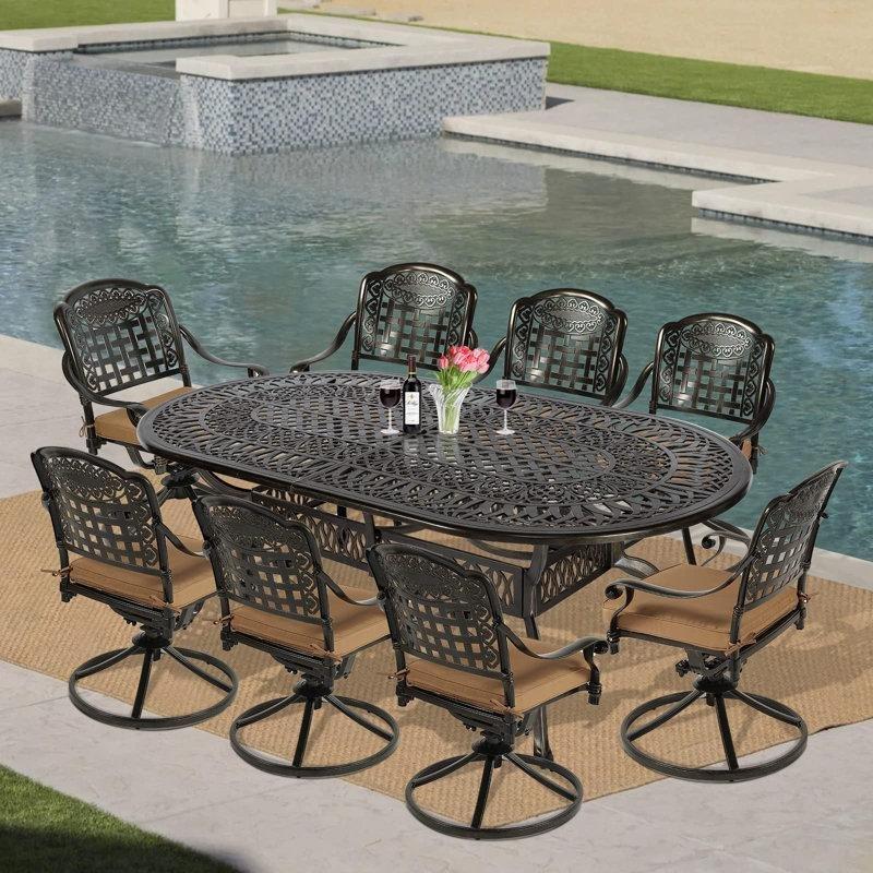 Koyu Bronz Döküm Alüminyum Döner Sandalyeli Şemsiye Delikli 8 Kişilik Bahçe Masa Takımı - 214x112 cm - 214654