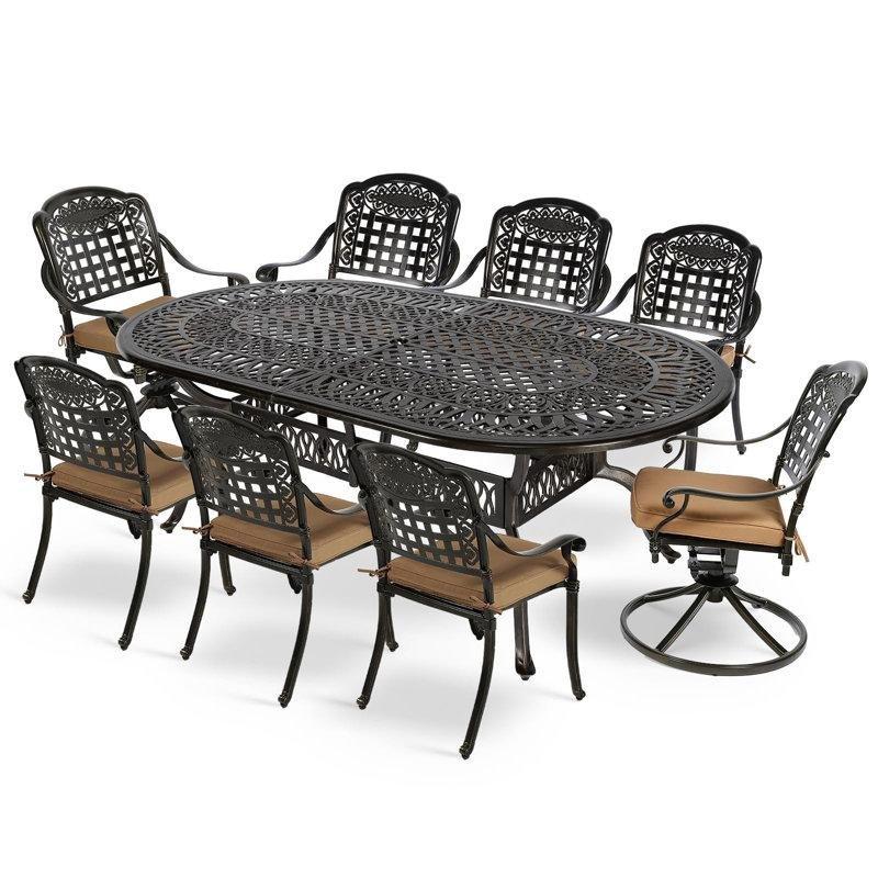 Koyu Bronz Döküm Alüminyum Oval Şemsiye Delikli 8 Kişilik Bahçe Masa Takımı - 214x112 cm - 213119