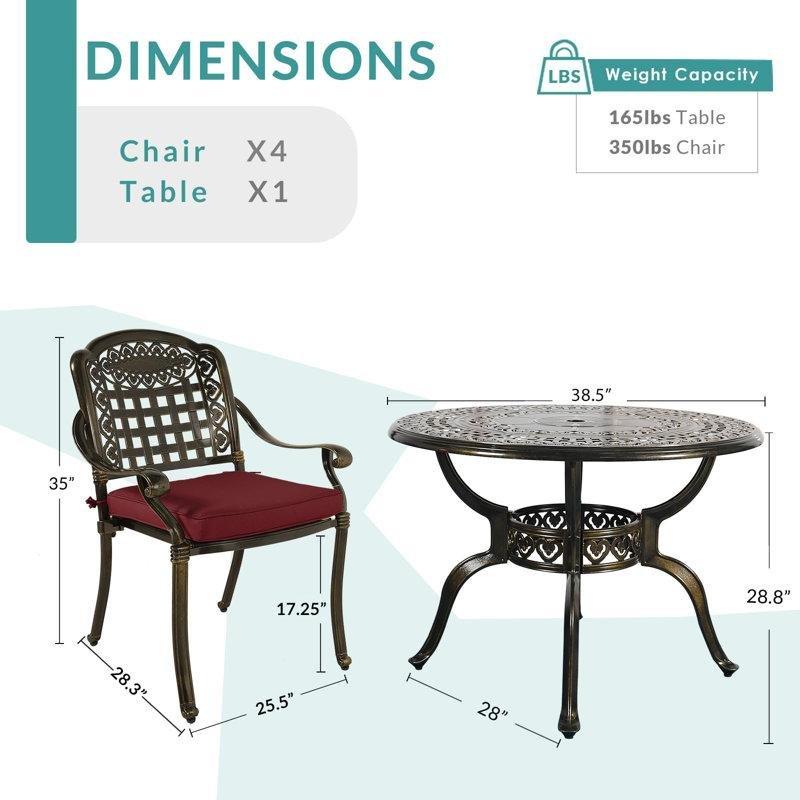 Koyu Bronz Döküm Alüminyum Şemsiye Delikli Minderli 4 Kişilik Bahçe Masa Takımı - 98 cm - 213354