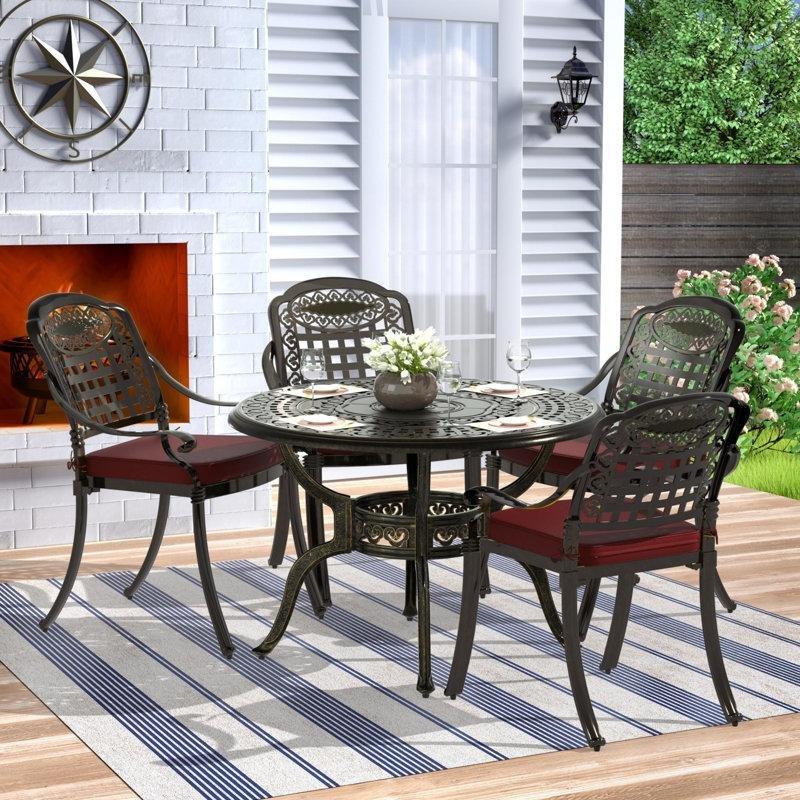 Koyu Bronz Döküm Alüminyum Şemsiye Delikli Minderli 4 Kişilik Bahçe Masa Takımı - 98 cm - 213354