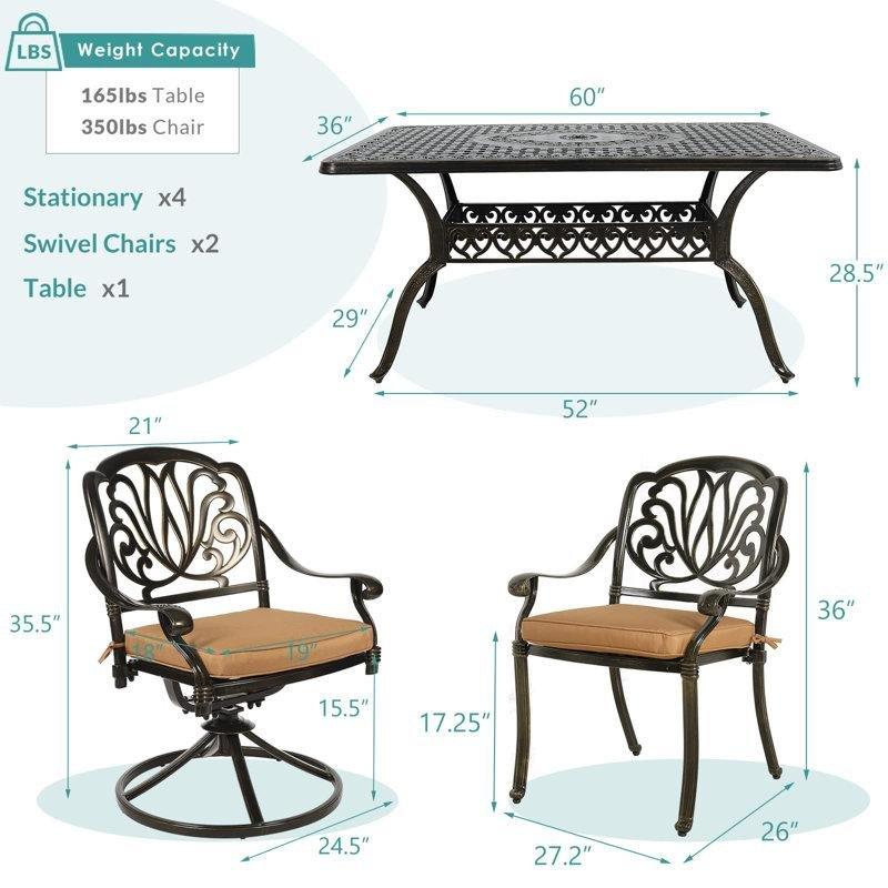 Koyu Bronz Döküm Alüminyum Şemsiye Delikli Minderli 6 Kişilik Bahçe Masa Takımı - 153x92 cm - 215472