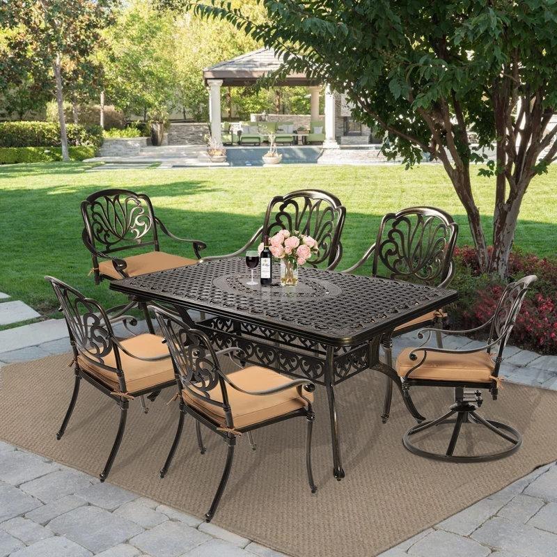 Koyu Bronz Döküm Alüminyum Şemsiye Delikli Minderli 6 Kişilik Bahçe Masa Takımı - 153x92 cm - 215472