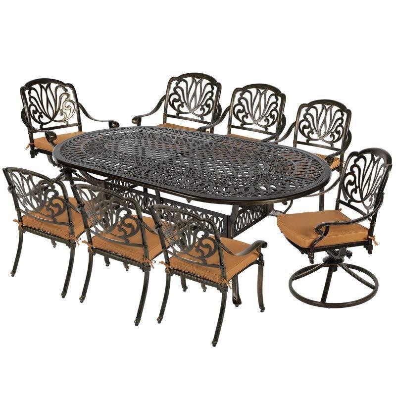 Koyu Bronz Döküm Alüminyum Şemsiye Delikli Oval 8 Kişilik Bahçe Masa Takımı - 214x112 cm - 214832