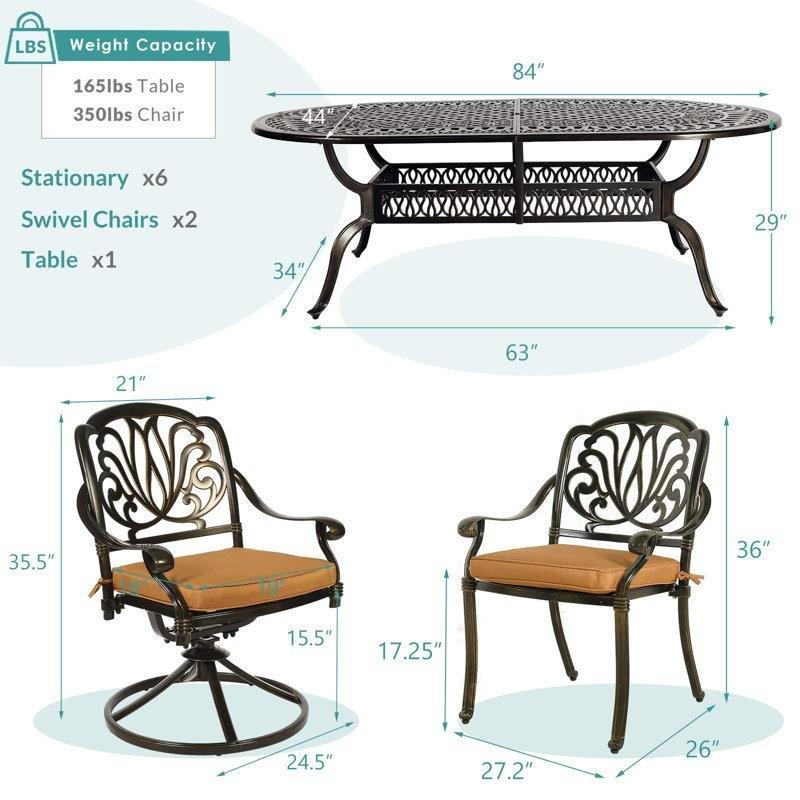 Koyu Bronz Döküm Alüminyum Şemsiye Delikli Oval 8 Kişilik Bahçe Masa Takımı - 214x112 cm - 214832