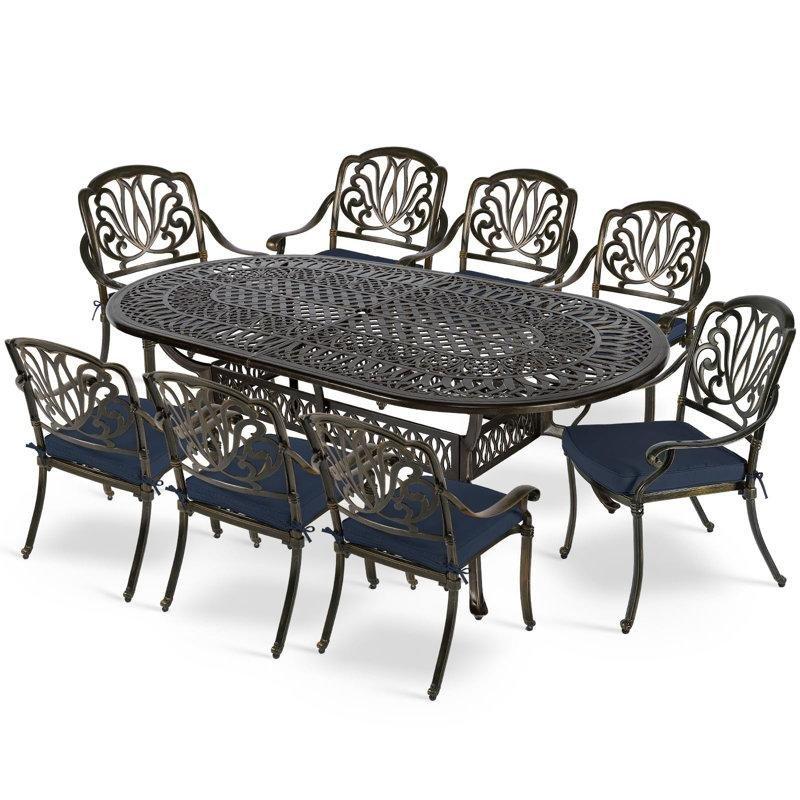 Koyu Bronz Döküm Alüminyum Şemsiye Delikli Oval Minderli 8 Kişilik Bahçe Masa Takımı - 214x112 cm - 214818