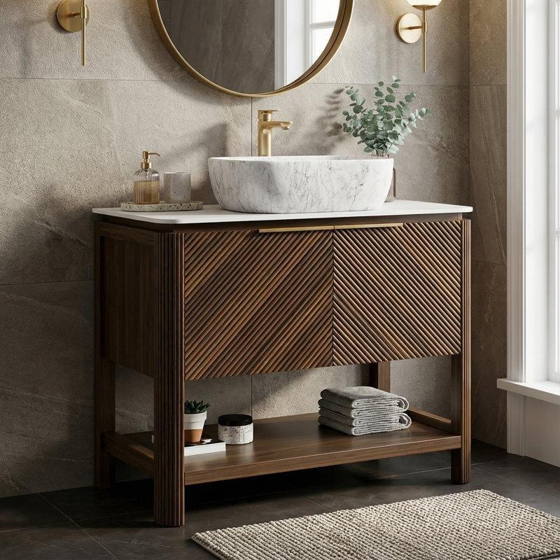 Koyu Ceviz 3D Diyagonal Kapaklı Sinterlenmiş Taş Tezgahlı Çanak Lavabolu Banyo Dolabı - 91 cm - 199069