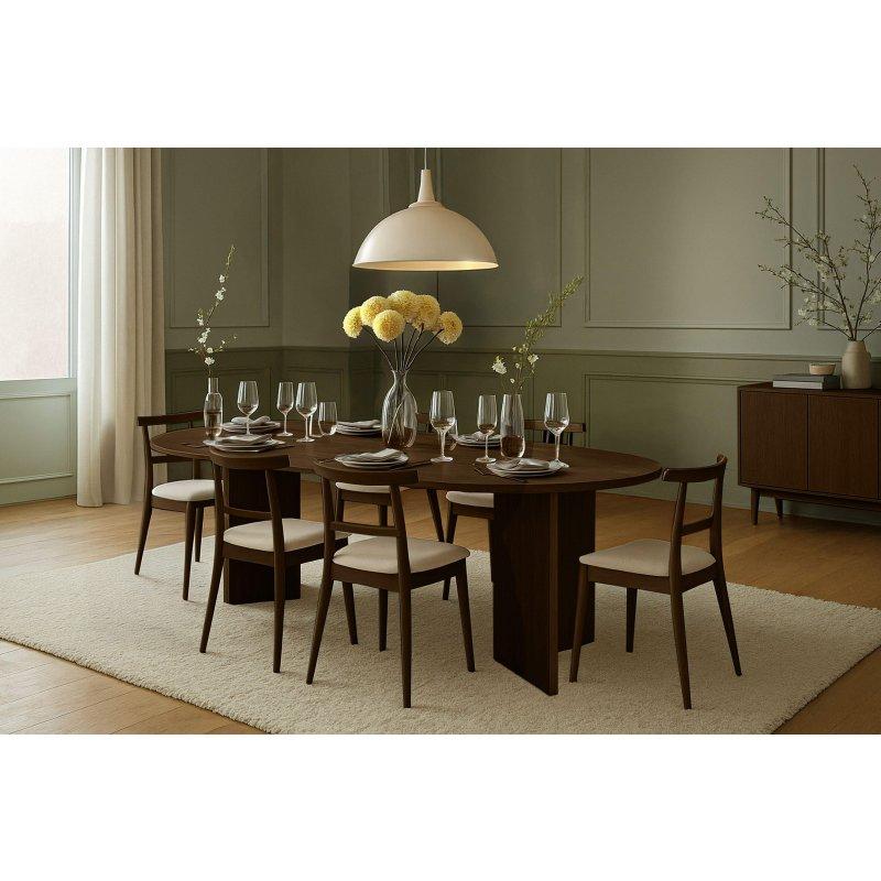 Koyu Ceviz Ahşap Dokulu Oval V Ayaklı Bohem Yemek Masası - 204x90 cm - 235807
