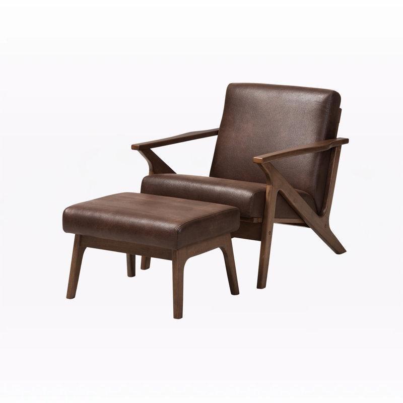 Koyu Ceviz Masif Ahşap İskeletli Kahverengi Suni Deri Puflu Tekli Koltuk - 203090