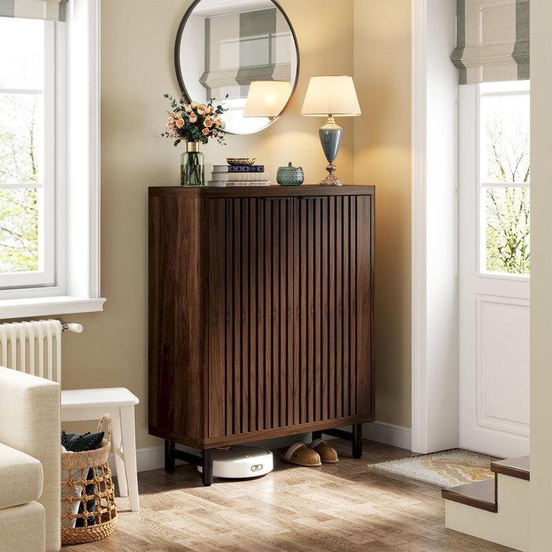 Koyu Ceviz MDF Panjur Kapaklı Ayarlanabilir Raflı Ayakkabılık Dolabı - 230467