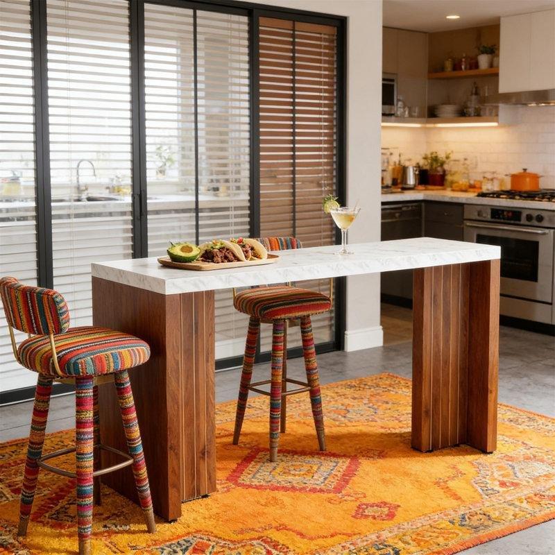 Koyu Ceviz Mermer Görünümlü Endüstriyel Ahşap Bar Masası - 141x51 cm - 231762