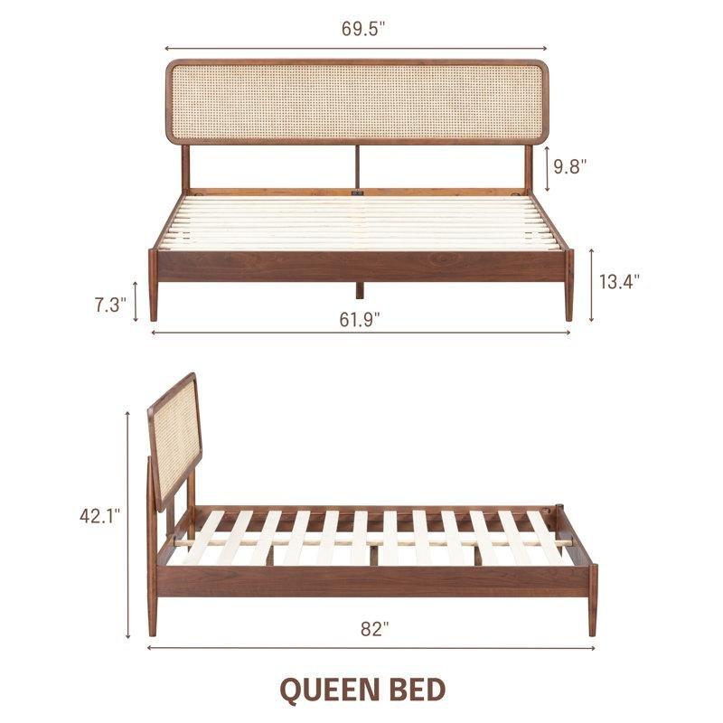 Koyu Ceviz Rengi Doğal Rattan Başlıklı Masif Ahşap Bohem Karyola Sessiz Latalı - Queen Boy - 181973