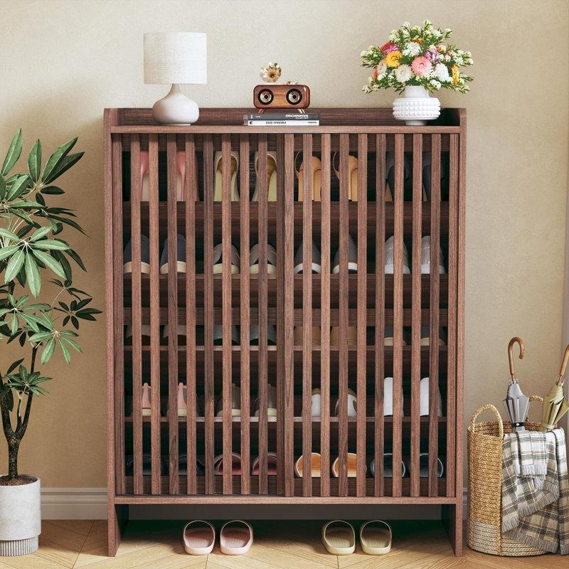 Koyu Ceviz Rengi Panjur Kapaklı Ayarlanabilir Raflı MDF Ayakkabılık Dolabı - 81 cm - 229426