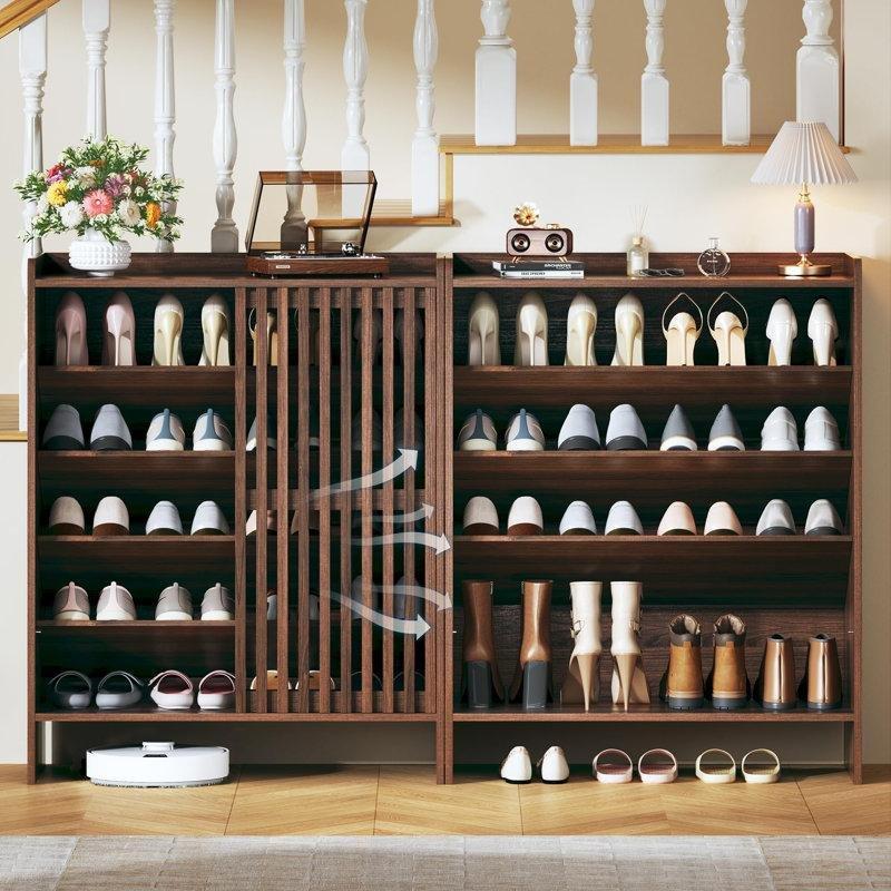 Koyu Ceviz Rengi Panjur Kapaklı Ayarlanabilir Raflı MDF Ayakkabılık Dolabı - 81 cm - 229426