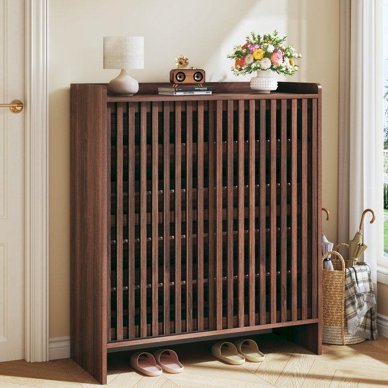 Koyu Ceviz Rengi Panjur Kapaklı Ayarlanabilir Raflı MDF Ayakkabılık Dolabı - 81 cm - 229426