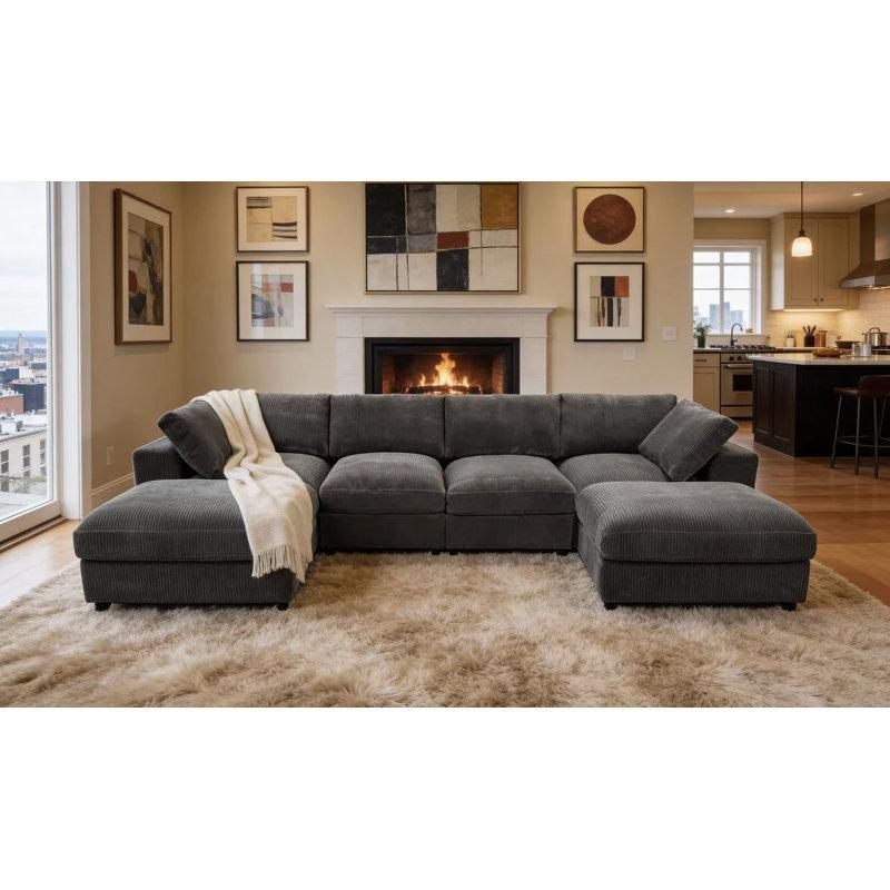 Koyu Gri Fitilli Kadife Modüler U Şekilli 6 Kişilik Köşe Koltuk Takımı - 336 cm - 194568