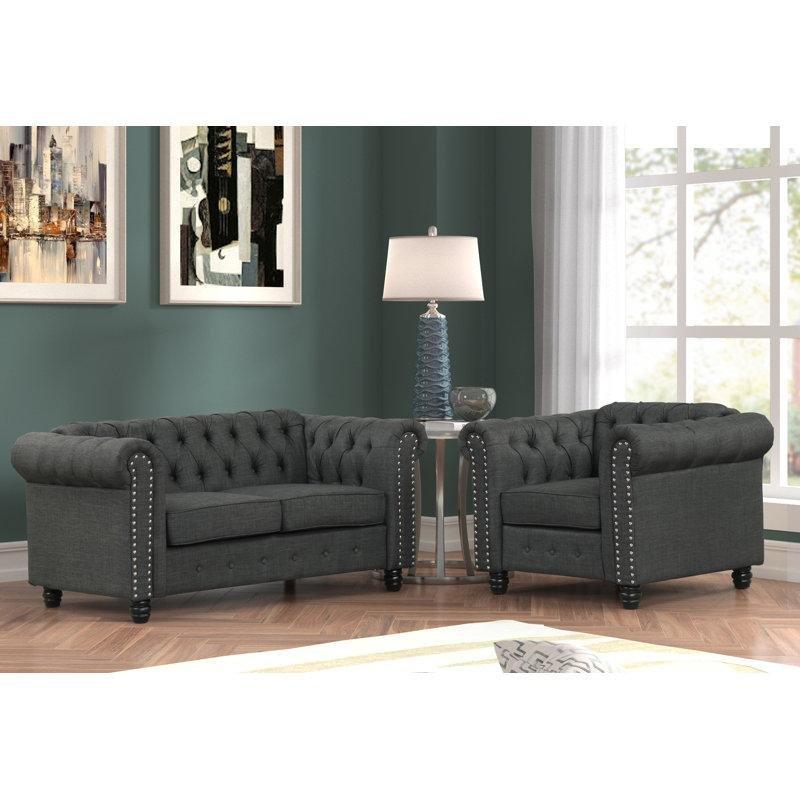 Koyu Gri Kadife Zımba Detaylı Kapitoneli Koltuk Takımı - 191684