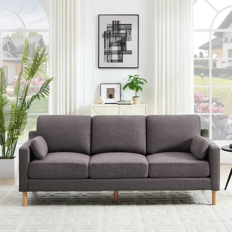 Koyu Gri Keten Karışımlı Kumaş Kare Kollu Koltuk 2 Kırlentli - 214 cm - 197348