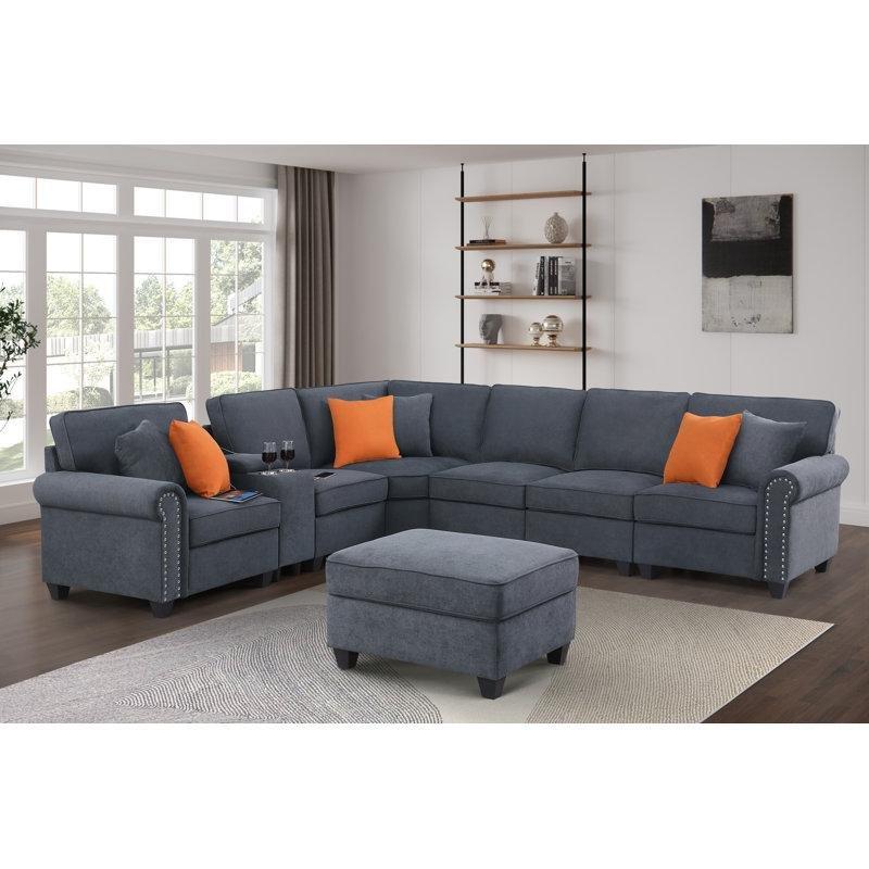 Koyu Gri Keten Karışımlı Zımba Detaylı Modüler Köşe Koltuk Takımı - 319 cm - 192961