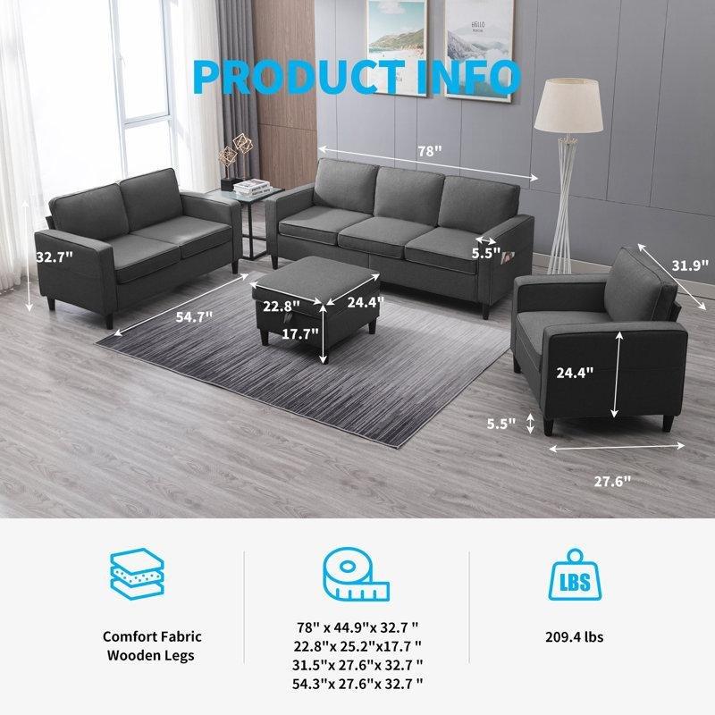 Koyu Gri Keten Kumaş Modüler Depolamalı Puflu 4 Parça Koltuk Takımı - 192481