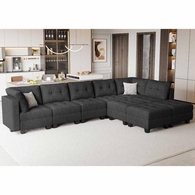 Koyu Gri Keten Kumaş Saklama Alanlı Yönü Değiştirilebilir Modüler Köşe Koltuk Takımı - 364 cm - 193090