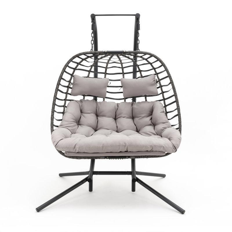 Koyu Gri PE Rattan Çift Kişilik Ayaklı Yumurta Balkon Salıncağı - 140 cm - 174444