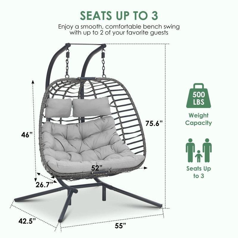 Koyu Gri PE Rattan Çift Kişilik Ayaklı Yumurta Balkon Salıncağı - 140 cm - 174444