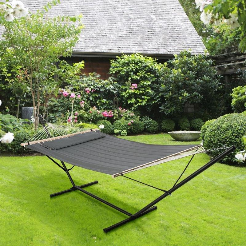 Koyu Gri Polyester İki Kişilik Kapitoneli Ahşap Gergi Çubuklu Çelik Ayaklı Hamak - 381x140x121 cm - 178594
