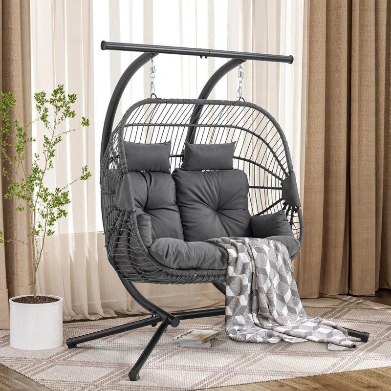Koyu Gri Rattan Gölgelikli ve Ayaklı Çift Kişilik Balkon Salıncağı - 174459