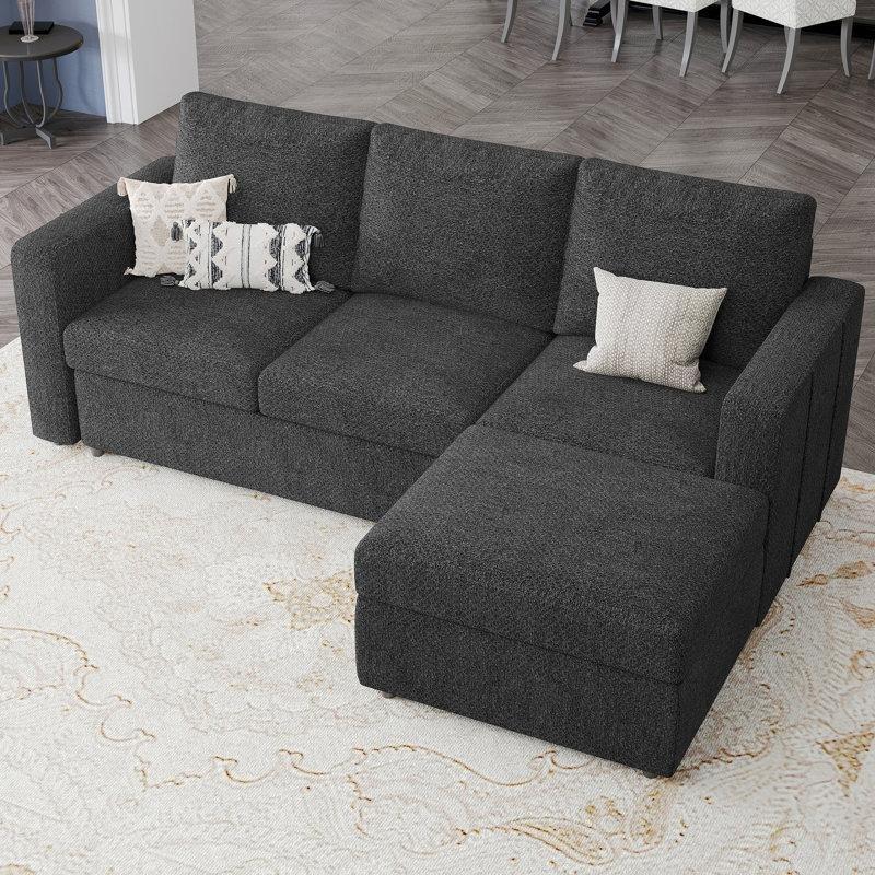 Koyu Gri Şönil Kumaş Depolamalı Puflu Modüler Köşe Koltuk Takımı - 215x139 cm - 192753