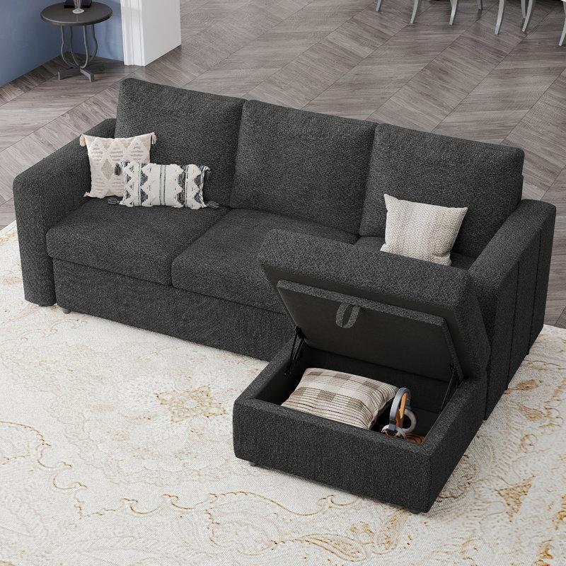 Koyu Gri Şönil Kumaş Depolamalı Puflu Modüler Köşe Koltuk Takımı - 215x139 cm - 192753