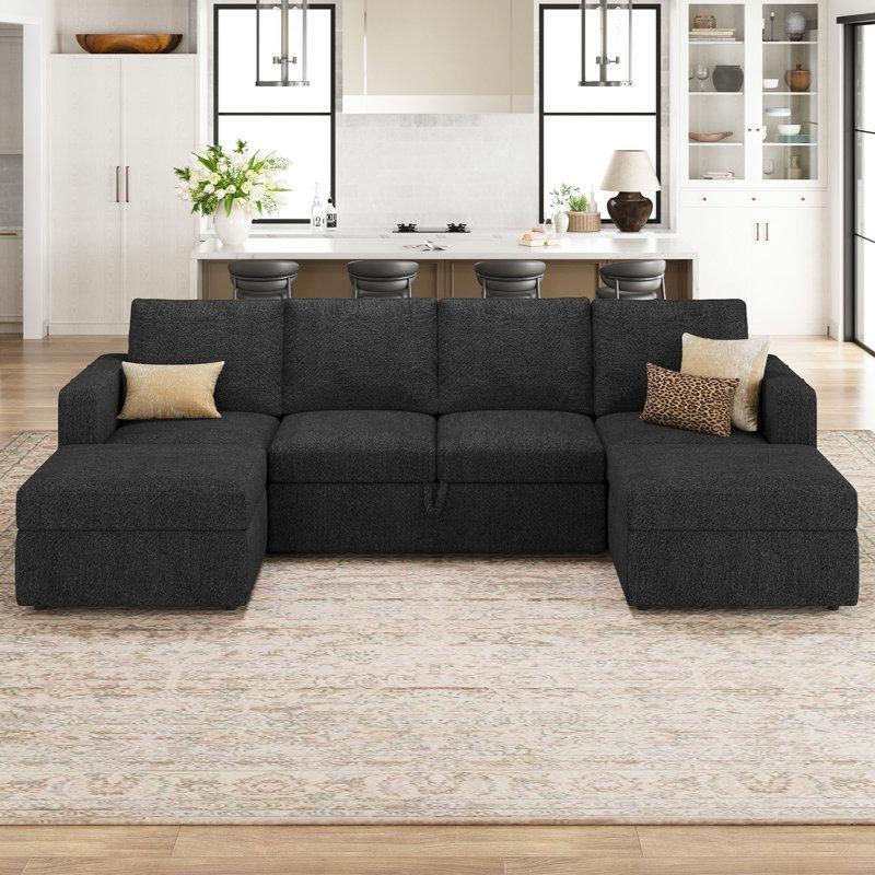 Koyu Gri Şönil Kumaş Yataklı ve Sandıklı Modüler U Köşe Koltuk Takımı - 276 cm - 193101