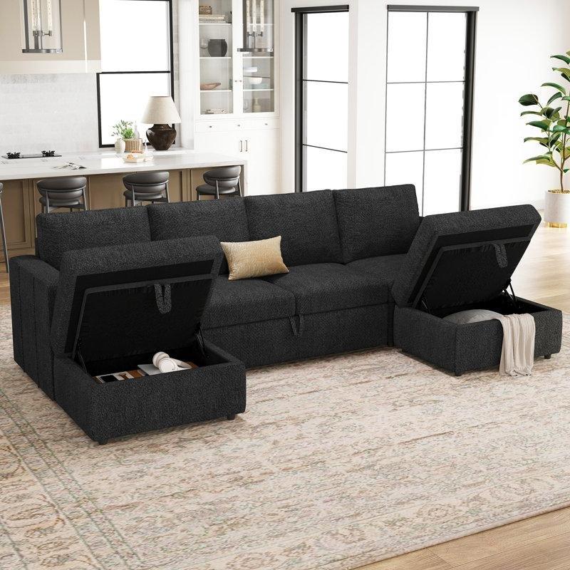 Koyu Gri Şönil Kumaş Yataklı ve Sandıklı Modüler U Köşe Koltuk Takımı - 276 cm - 193101