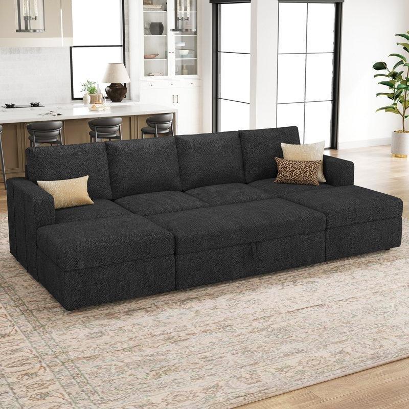 Koyu Gri Şönil Kumaş Yataklı ve Sandıklı Modüler U Köşe Koltuk Takımı - 276 cm - 193101